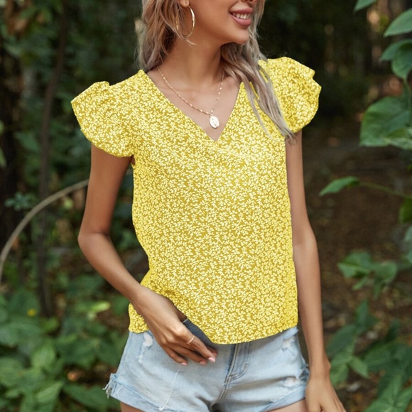 Boho V neck Ruffle Sleeve Floral Print Top Yellow - Picture 4 of 16
